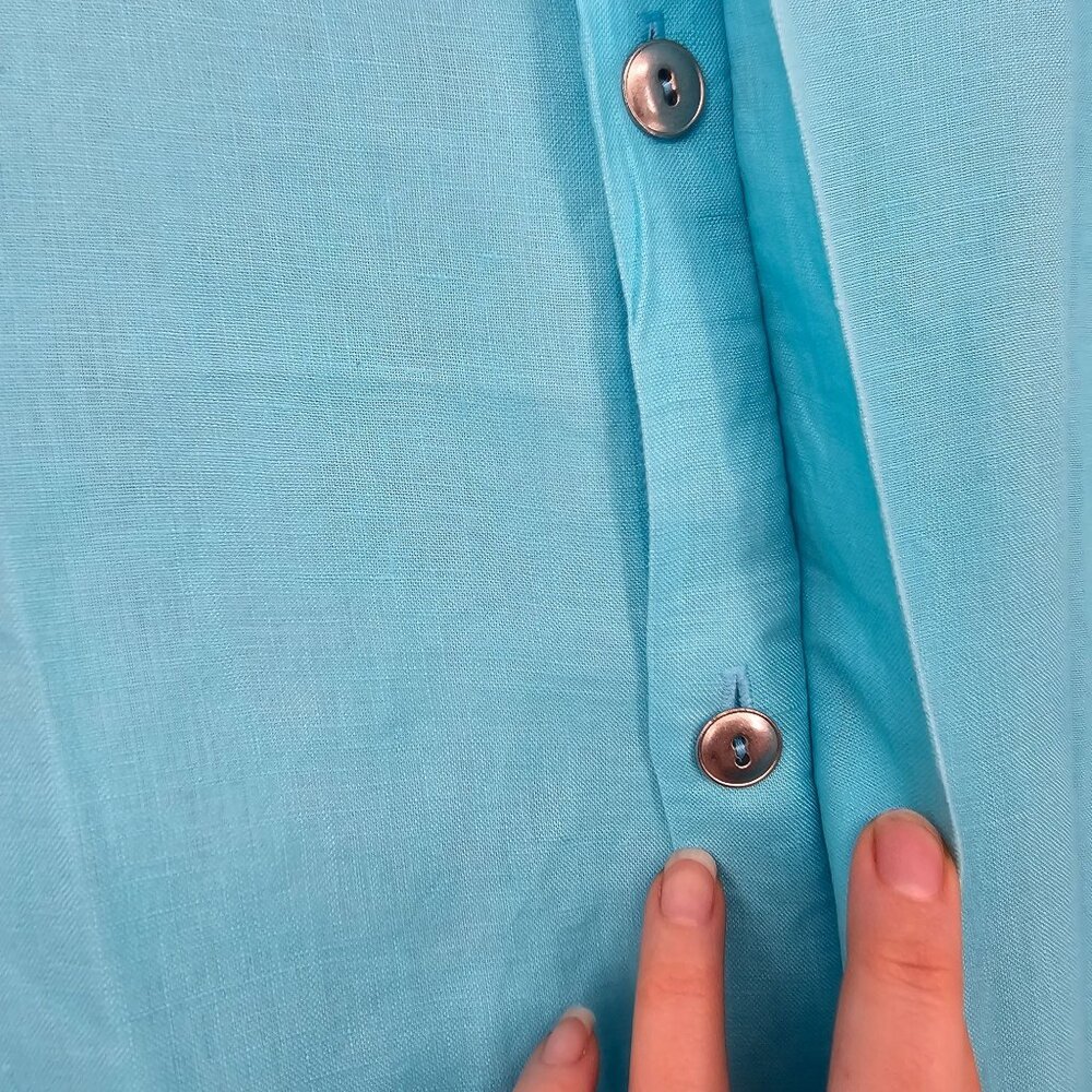 Planet By Lauren G Linen Button Up‎ Shirt OS Turquoise Relaxed Coastal Lagenlook - Picture 10 of 10